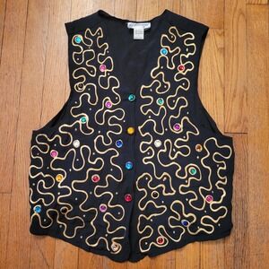 Spellbound Vintage Black Vest Gold Paint Jewel Embellished M Layering Whimsigoth
